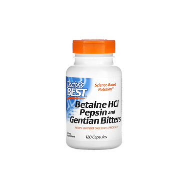 Doctor's Best Betaine HCl, Pepsin & Gentian Bitters, 120 capsules—white bottle with orange cap—dietary supplement for digestive support.